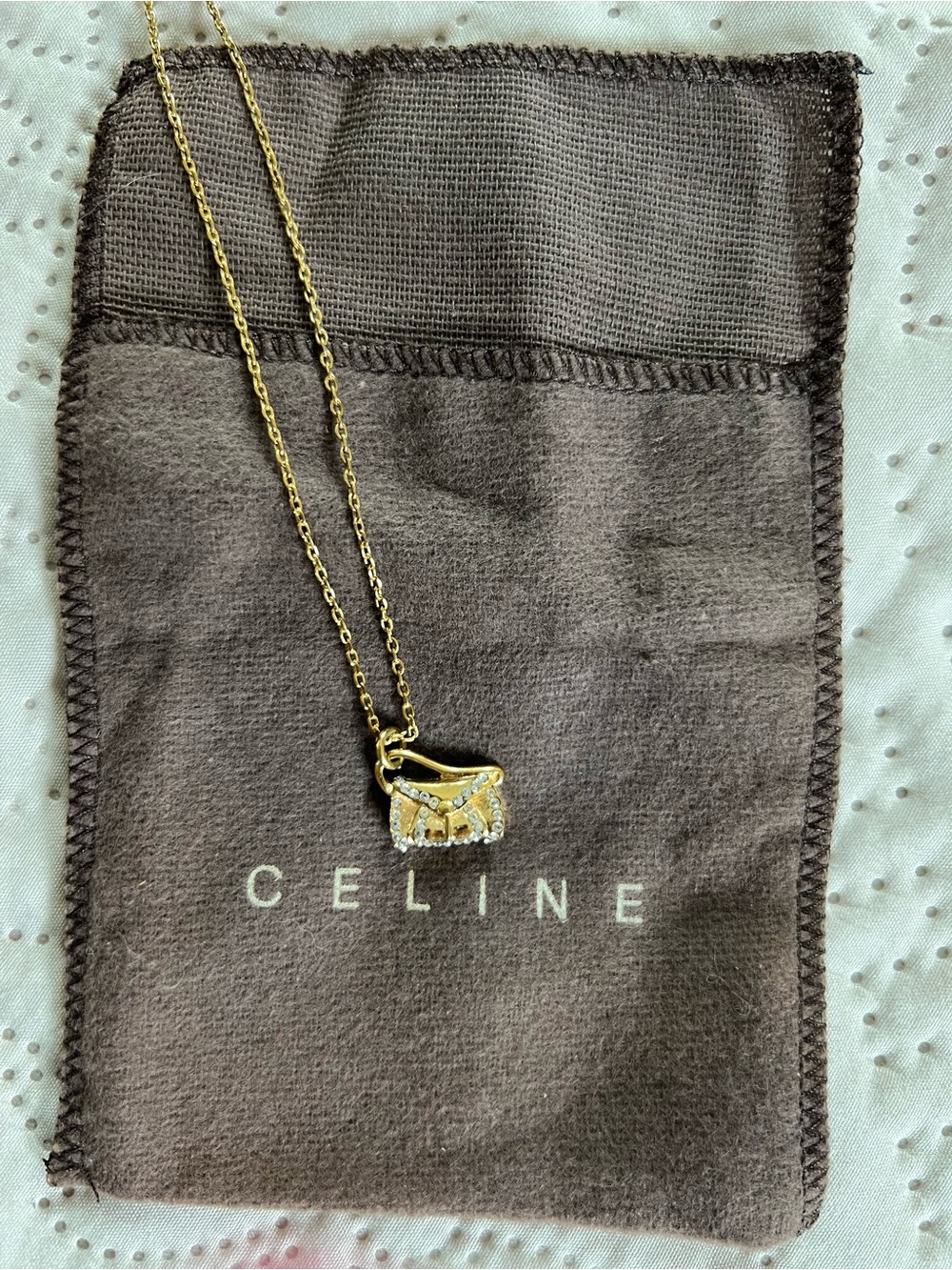 Celine Gold Tone Crystal Mini Bag Pendant Necklace